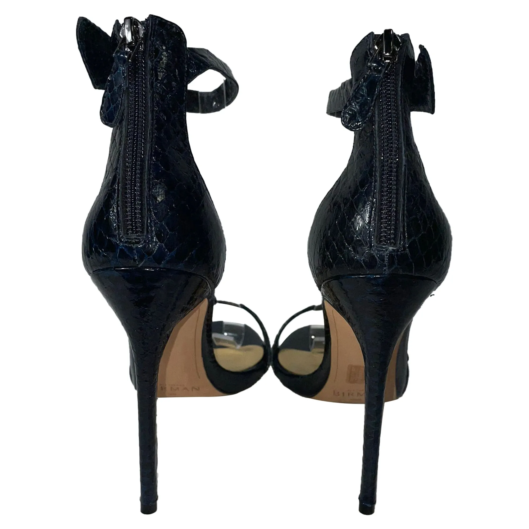 Alexandre Birman Asymmetric Clarita Sandals in Navy Blue Snake Embossed Leather
