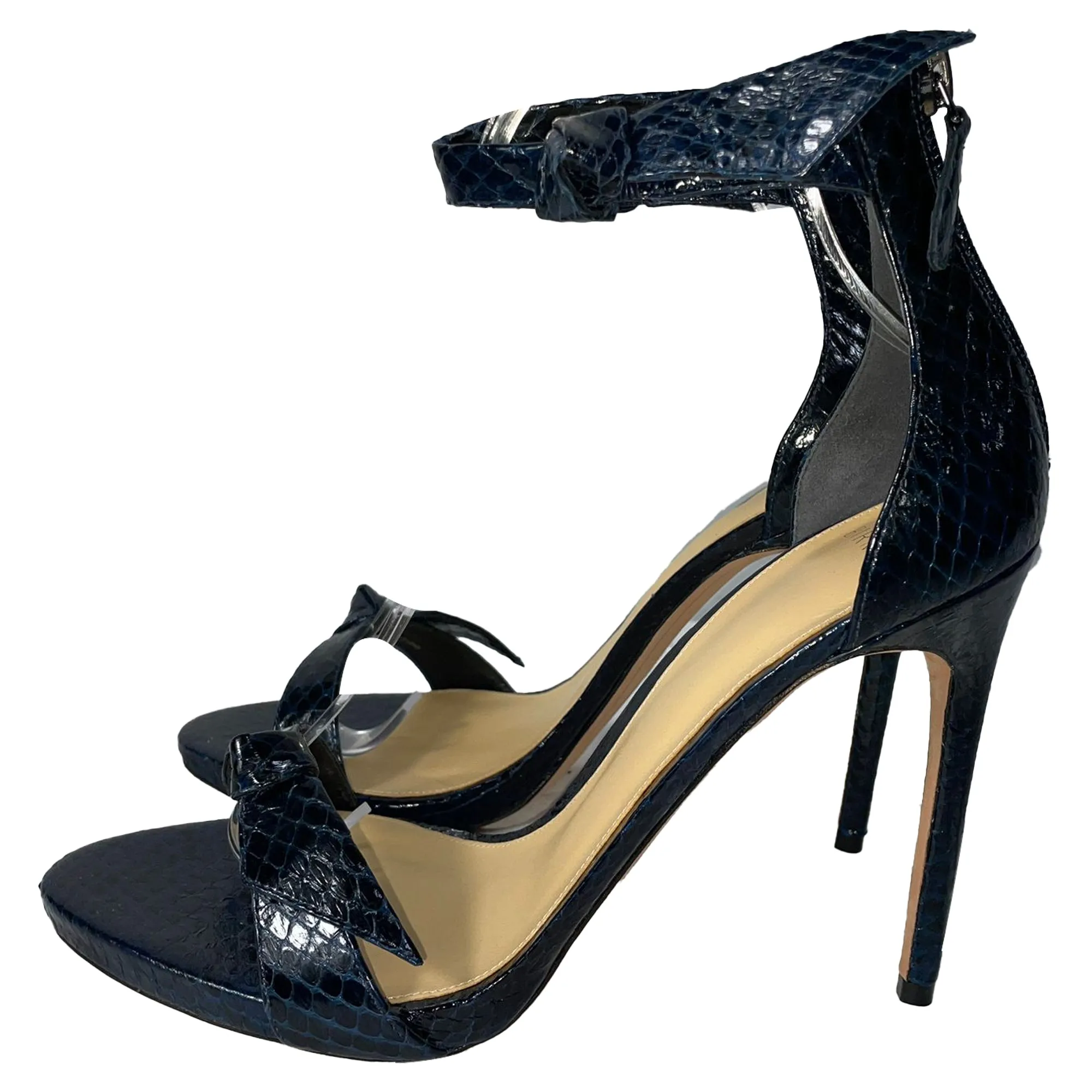 Alexandre Birman Asymmetric Clarita Sandals in Navy Blue Snake Embossed Leather