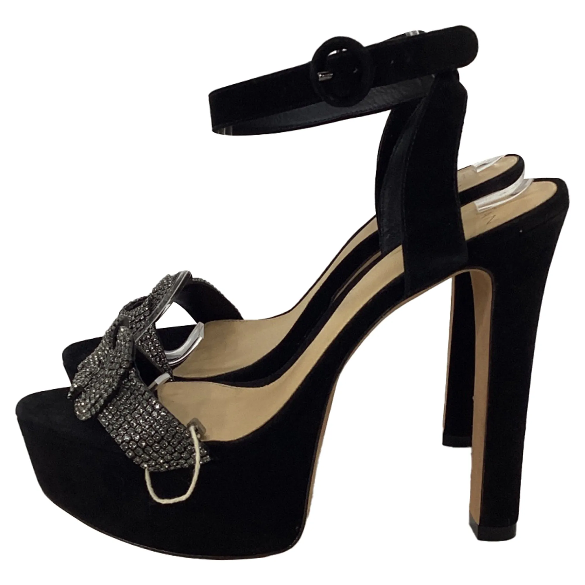 Alexandre Birman Crystal Embellished Platform Ankle Strap Sandals in Black Nubuck Leather