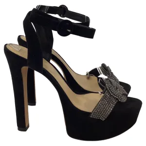 Alexandre Birman Crystal Embellished Platform Ankle Strap Sandals in Black Nubuck Leather