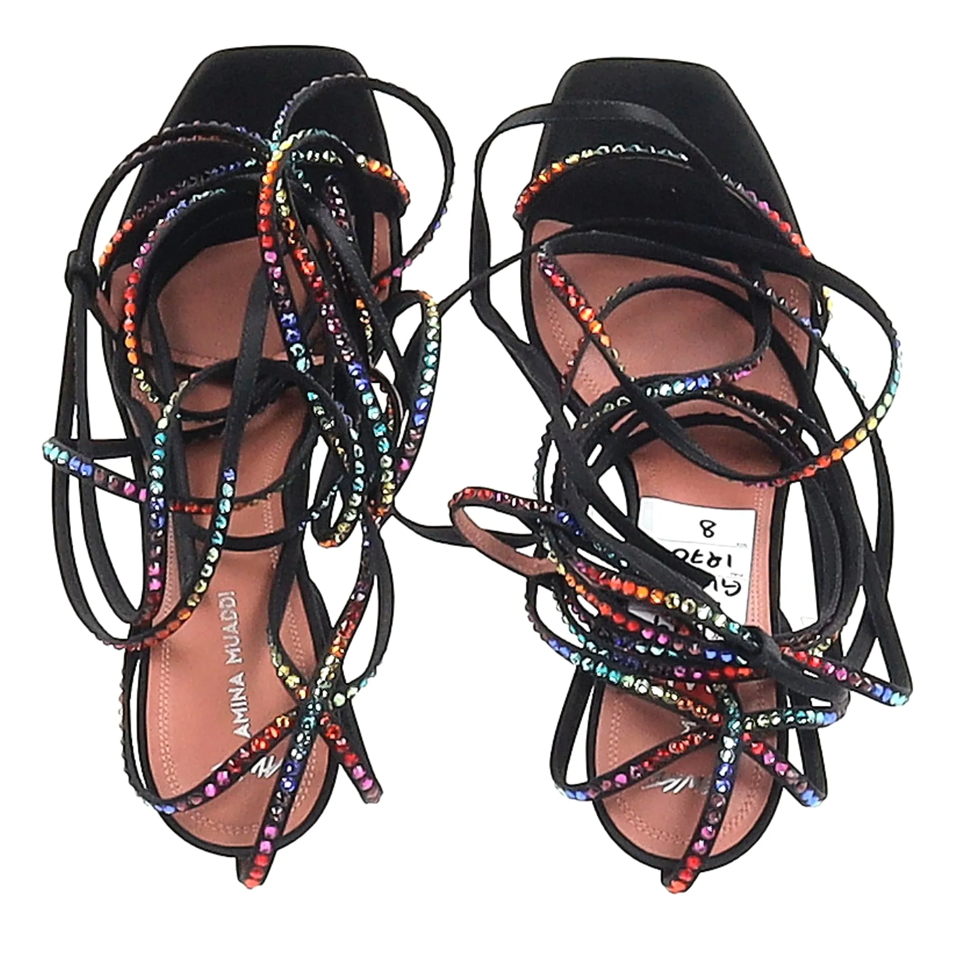Amina Muaddi x AWGE LSD Gladi Crystal Jewel Embellished Lace Up High Heels Sandals in Black Satin