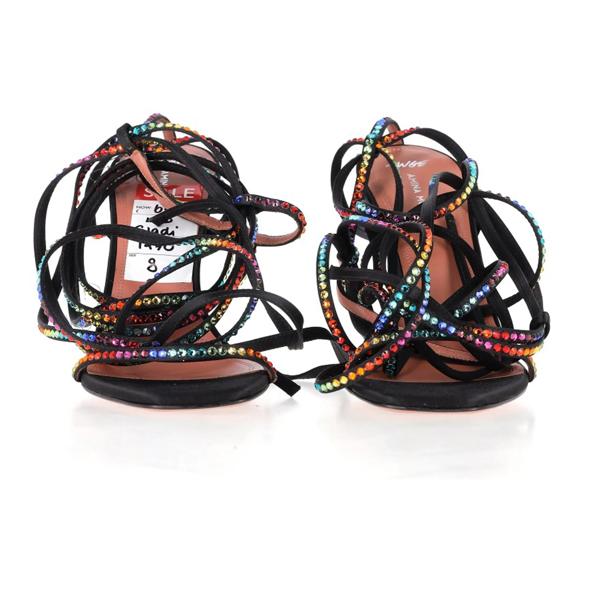 Amina Muaddi x AWGE LSD Gladi Crystal Jewel Embellished Lace Up High Heels Sandals in Black Satin