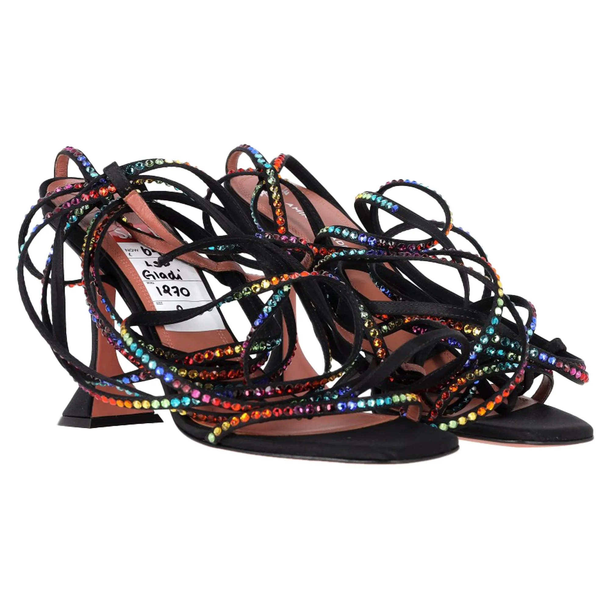 Amina Muaddi x AWGE LSD Gladi Crystal Jewel Embellished Lace Up High Heels Sandals in Black Satin