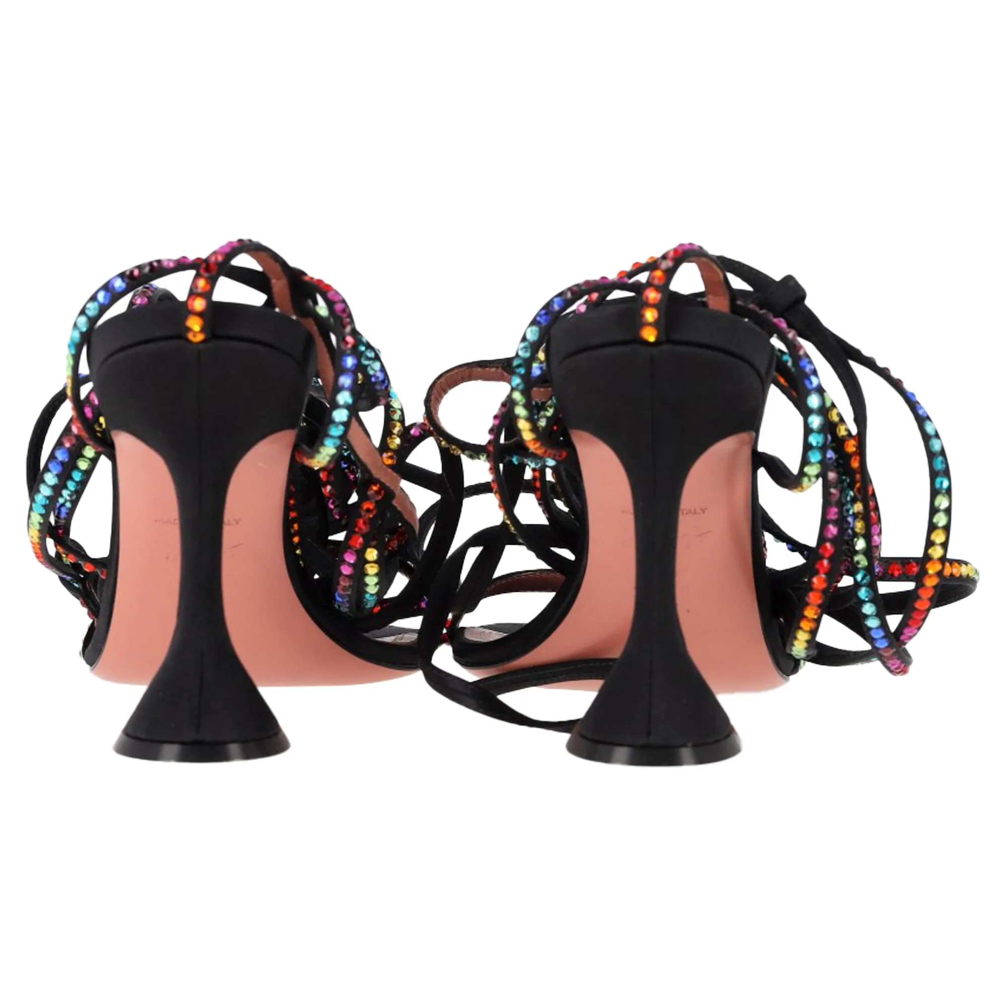 Amina Muaddi x AWGE LSD Gladi Crystal Jewel Embellished Lace Up High Heels Sandals in Black Satin