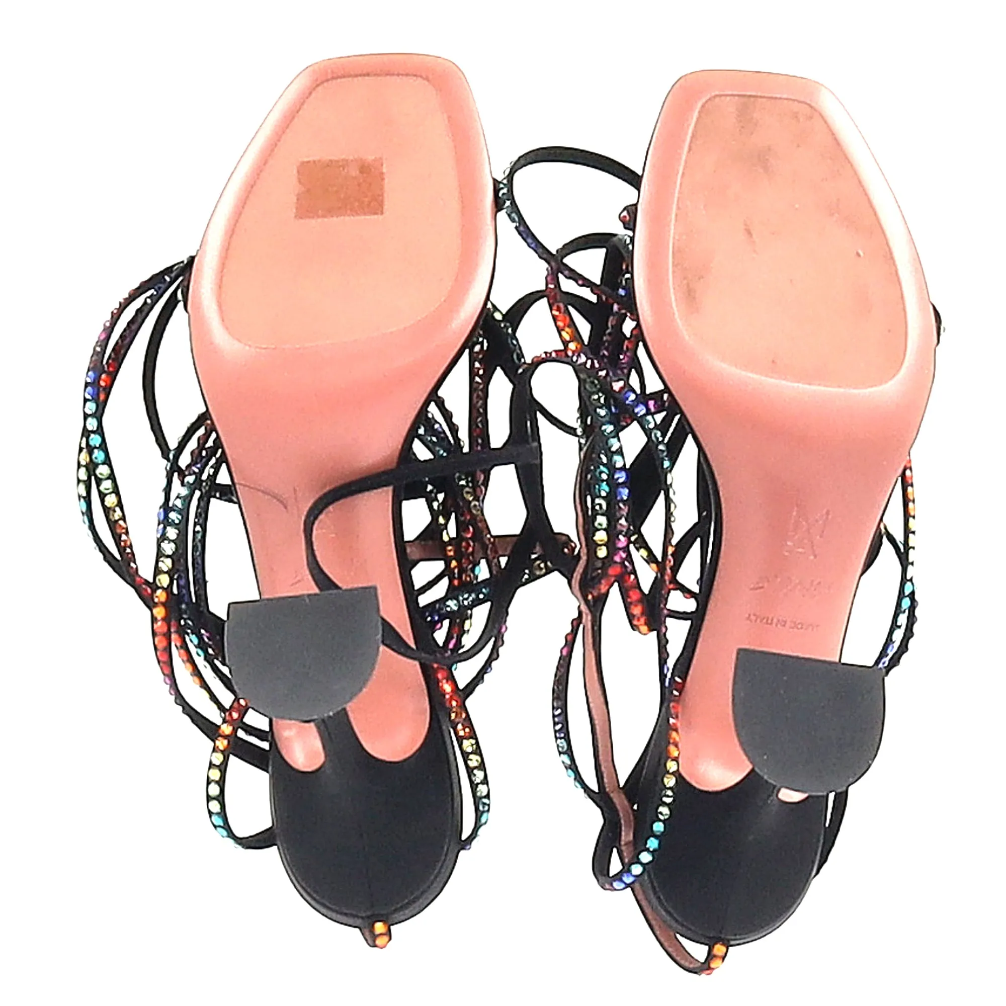 Amina Muaddi x AWGE LSD Gladi Crystal Jewel Embellished Lace Up High Heels Sandals in Black Satin