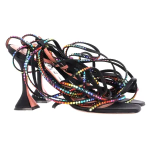 Amina Muaddi x AWGE LSD Gladi Crystal Jewel Embellished Lace Up High Heels Sandals in Black Satin