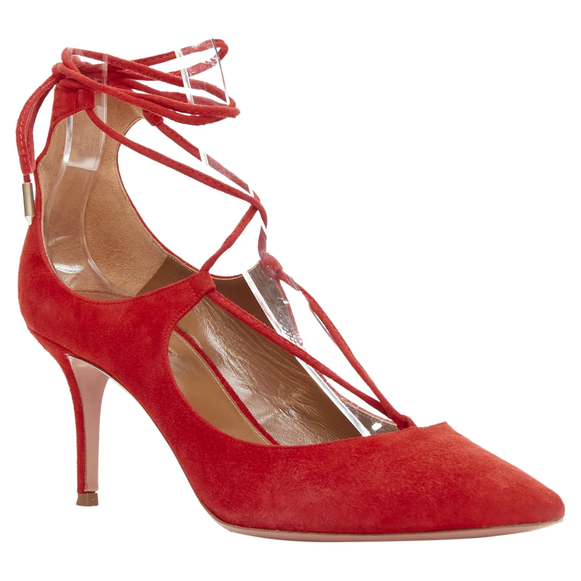 Aquazzura Christy red suede leather lace up mid pumps