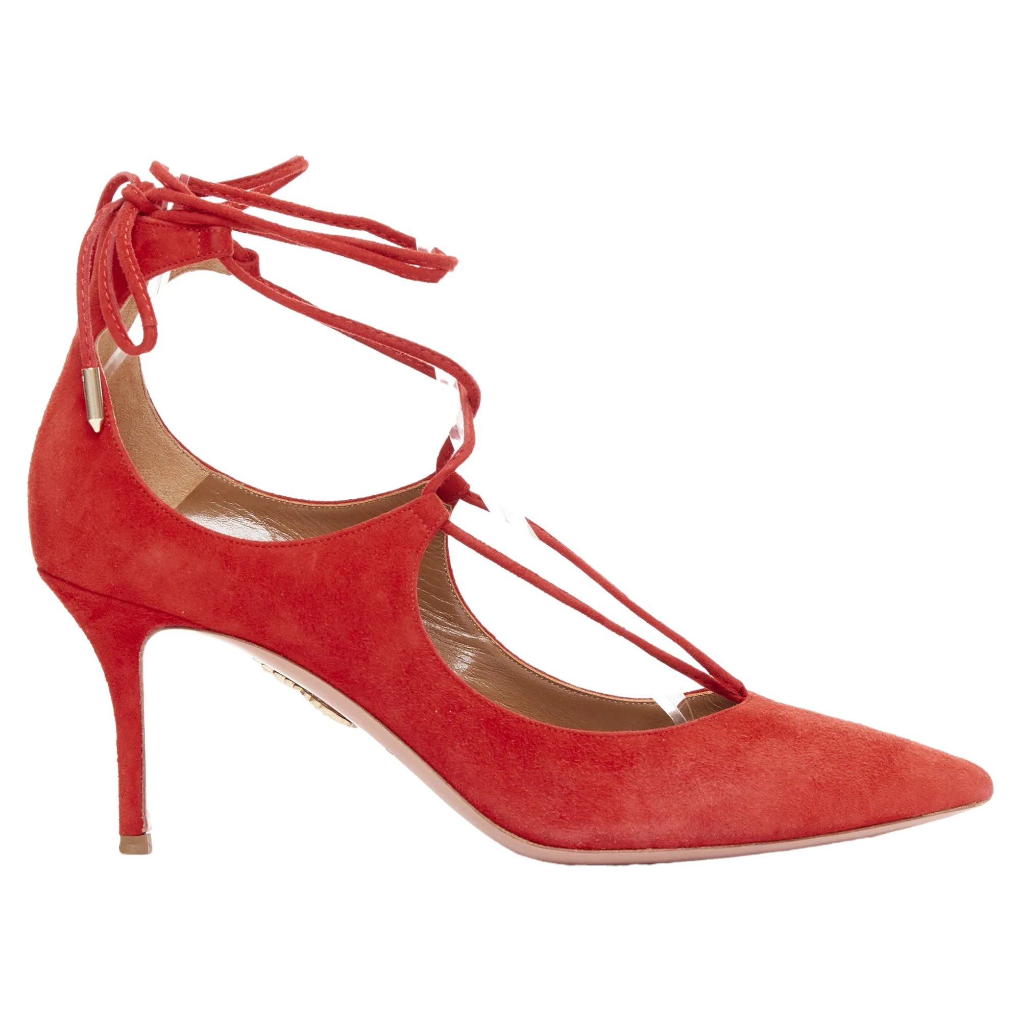 Aquazzura Christy red suede leather lace up mid pumps
