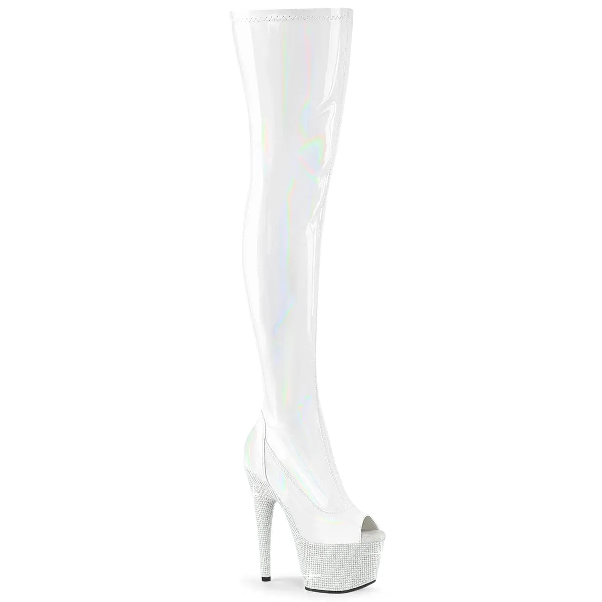 BEJEWELED-3011-7 White Stretch Hologram Patent/White Rhinestones