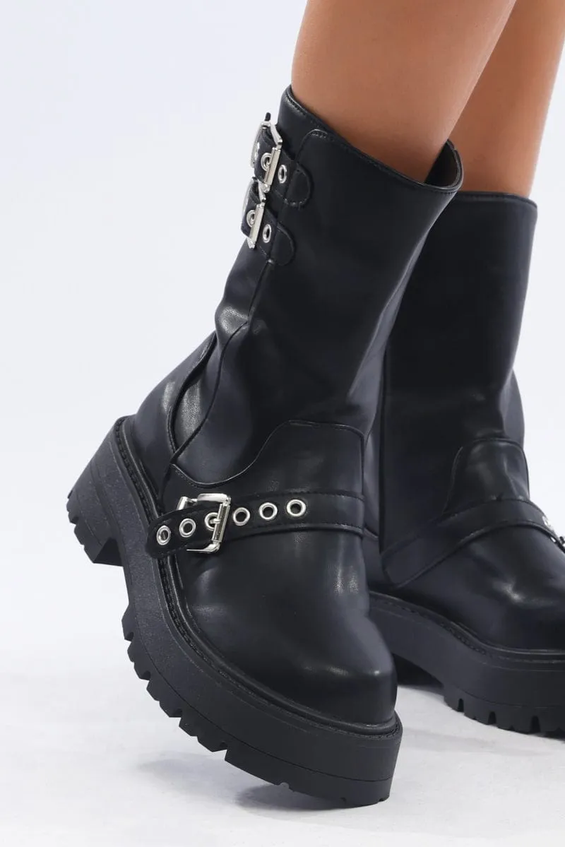 Black Buckle Detail Biker Boots