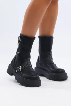 Black Buckle Detail Biker Boots