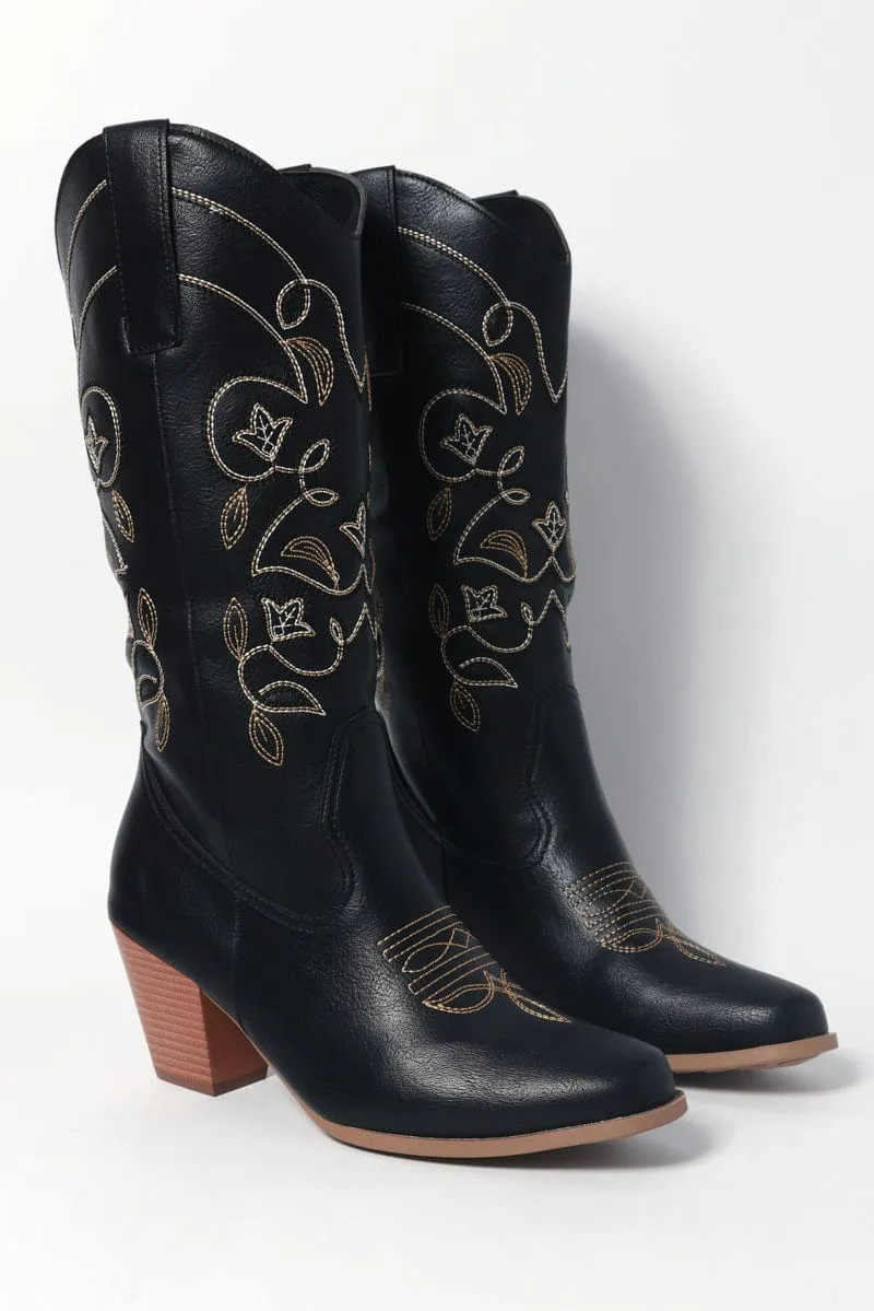 Black Embroidered Western Cowboy Boots