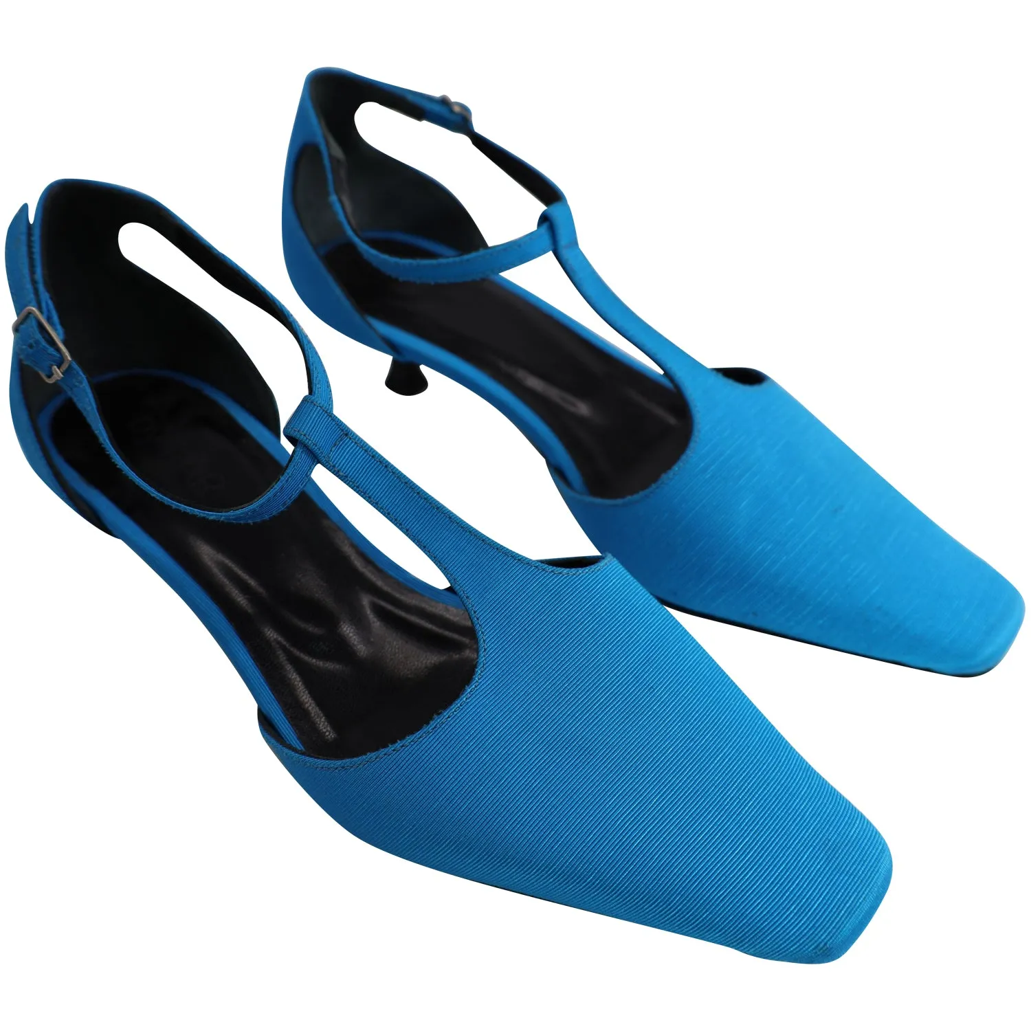 By Far Bella T-strap Kitten Heels in Blue Leather