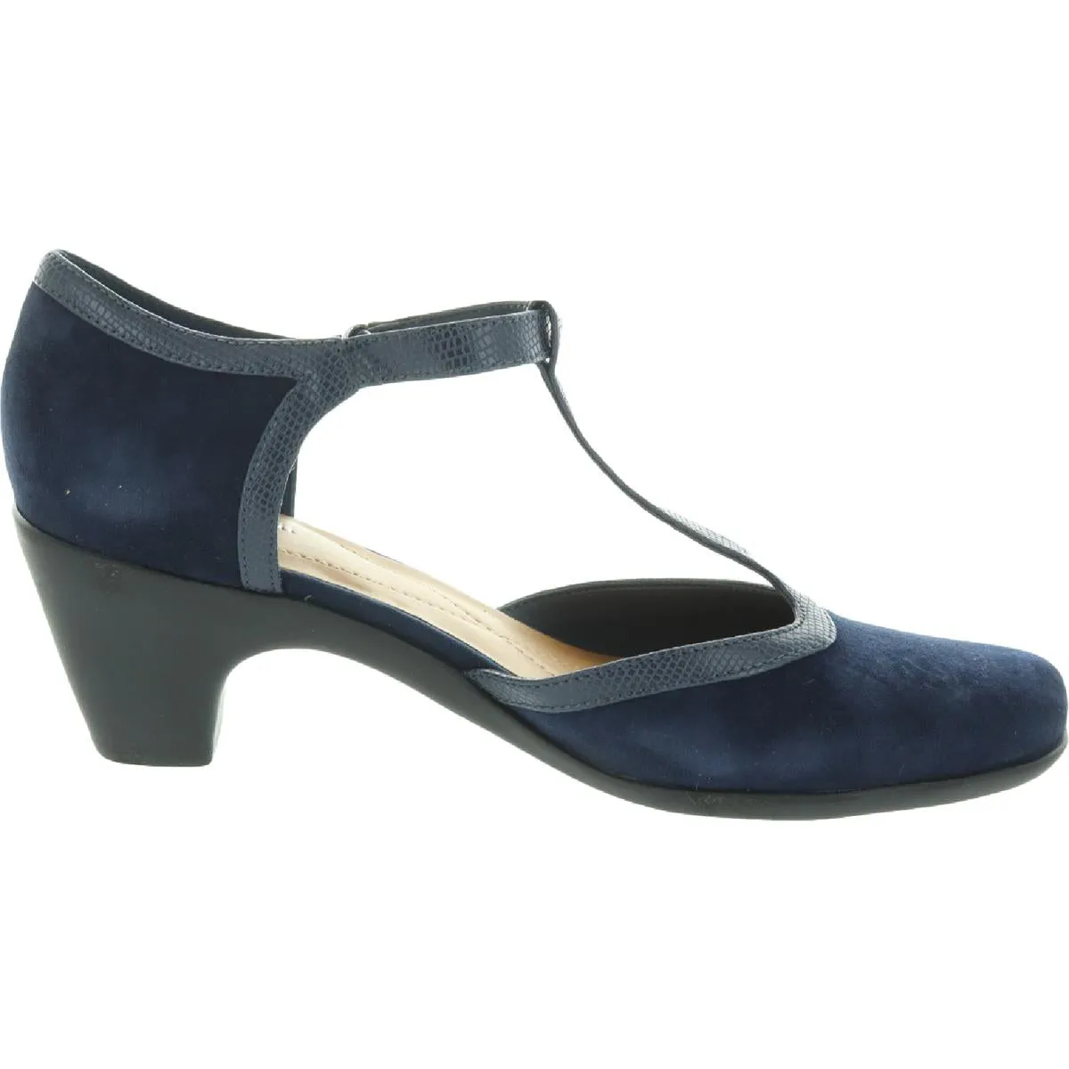 Cara Womens Suede Slip On T-Strap Heels