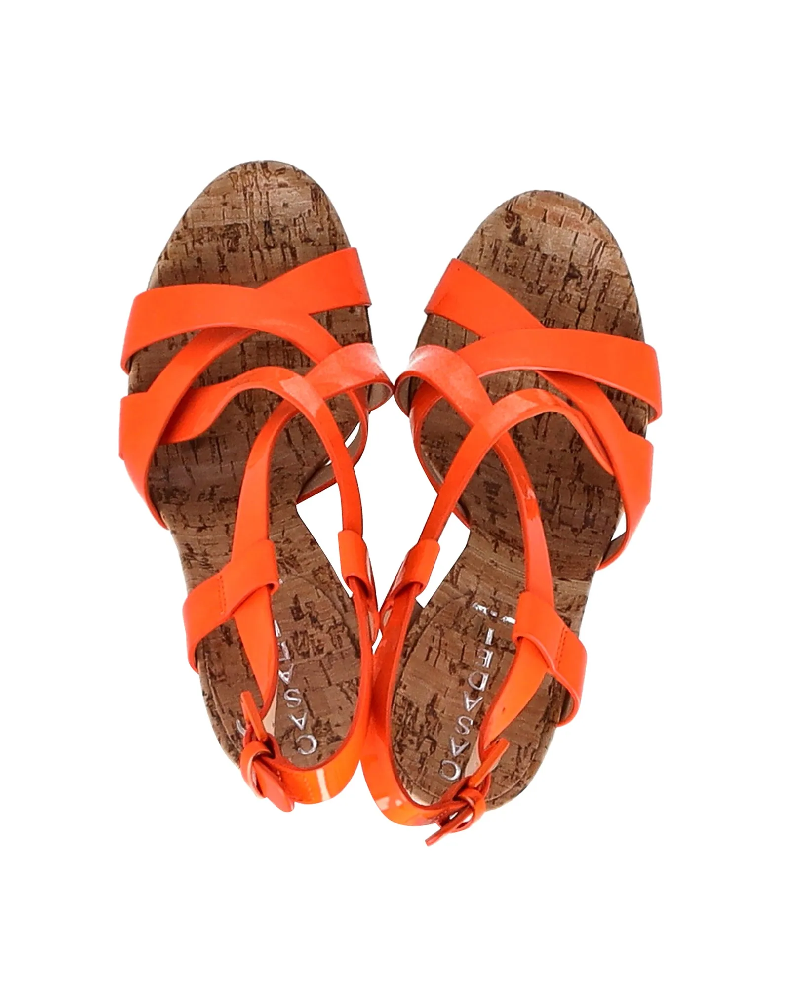 Casadei Crisscross High Block Heel Sandals in Orange Patent Leather