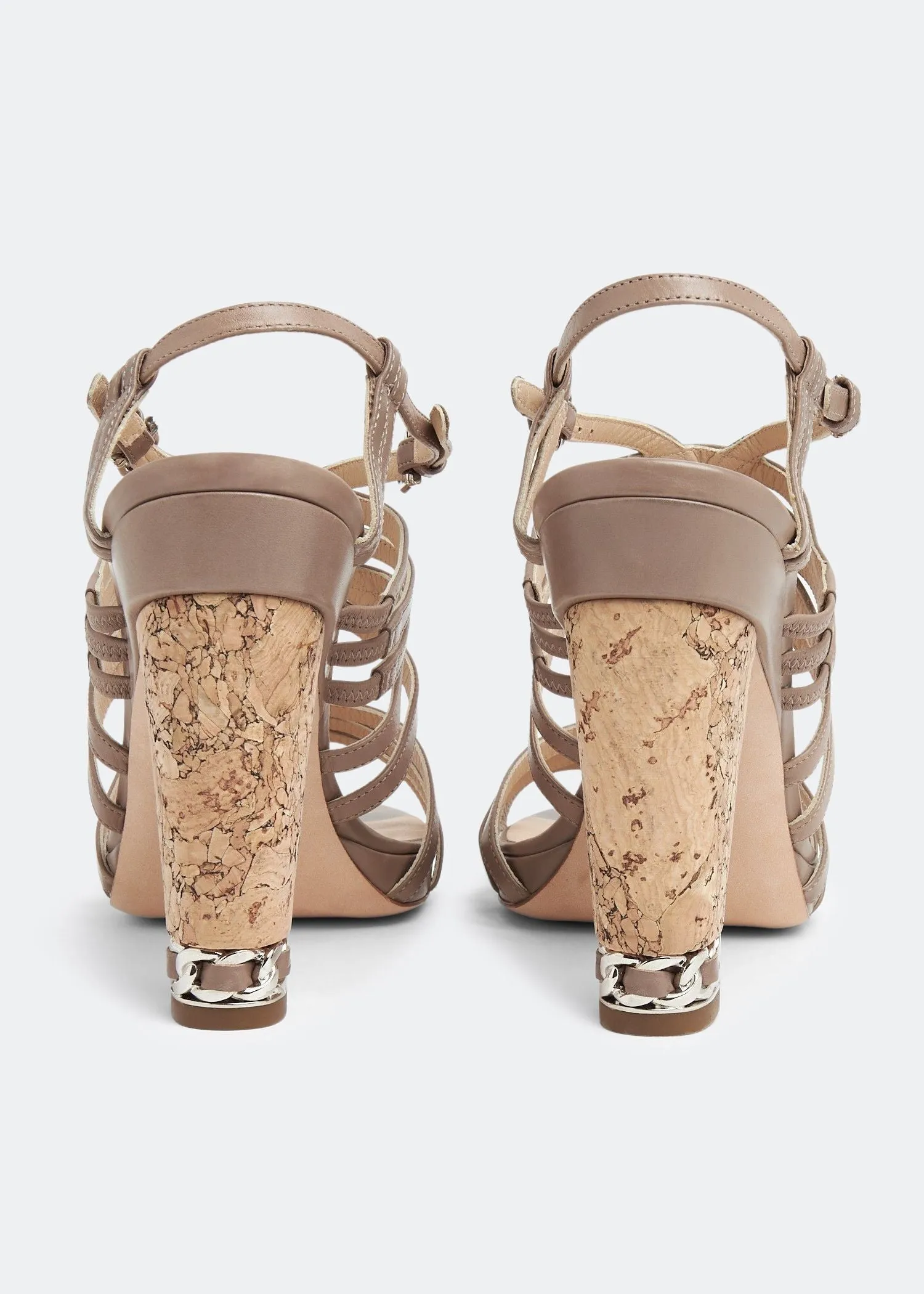 Chanel Chain Embellished Cork Heel Strappy Sandals in Beige Leather