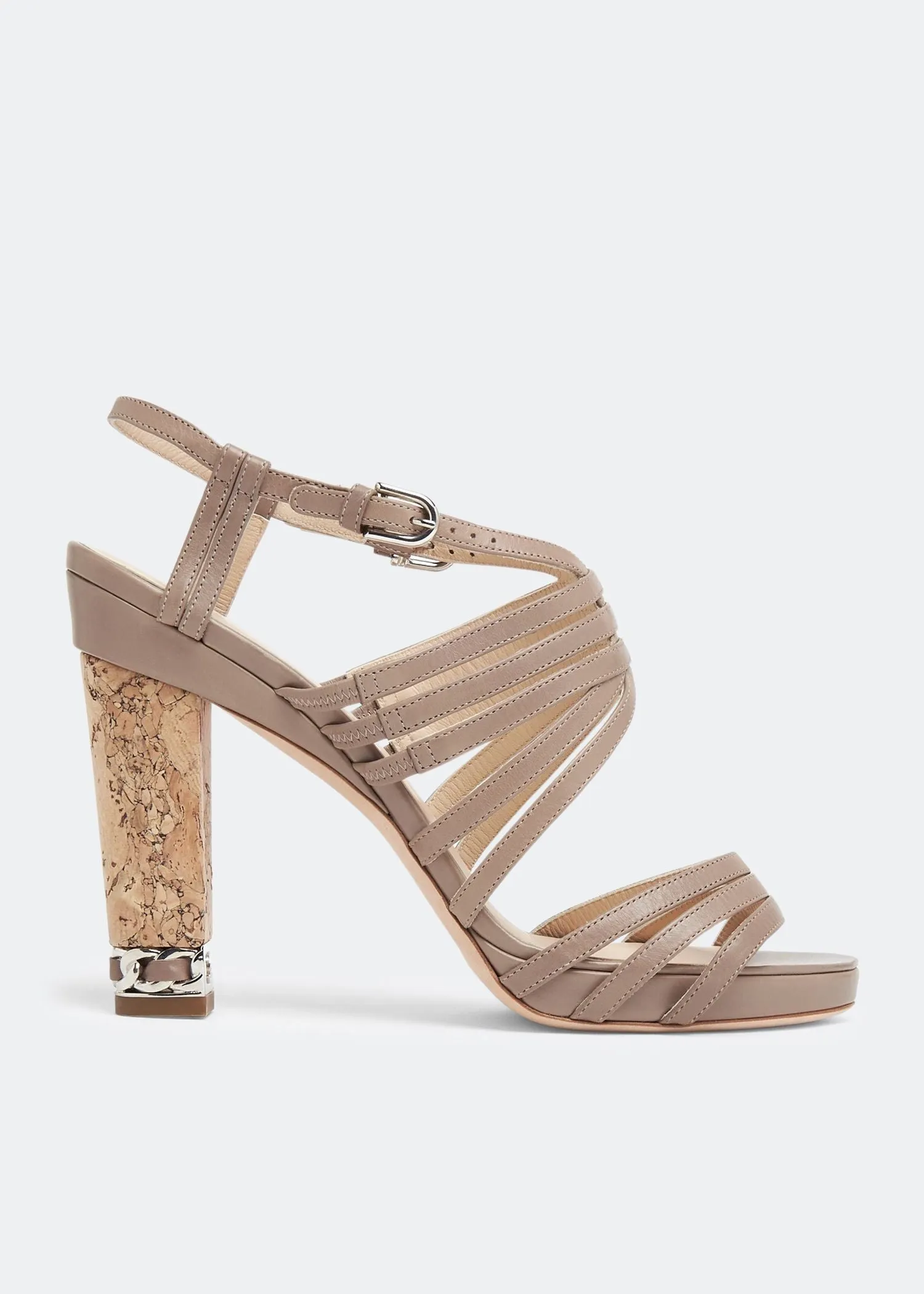 Chanel Chain Embellished Cork Heel Strappy Sandals in Beige Leather