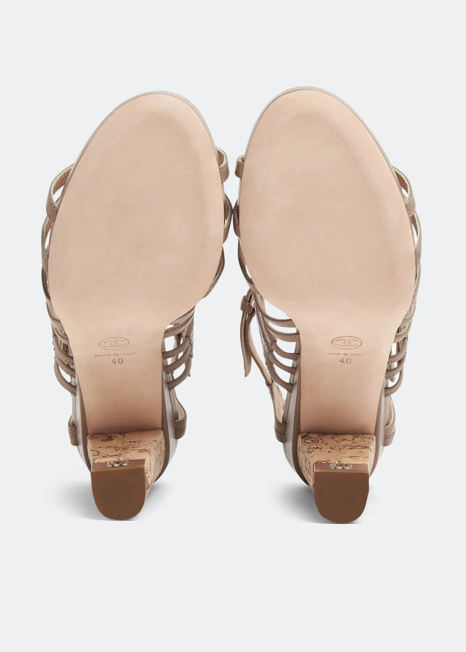 Chanel Chain Embellished Cork Heel Strappy Sandals in Beige Leather