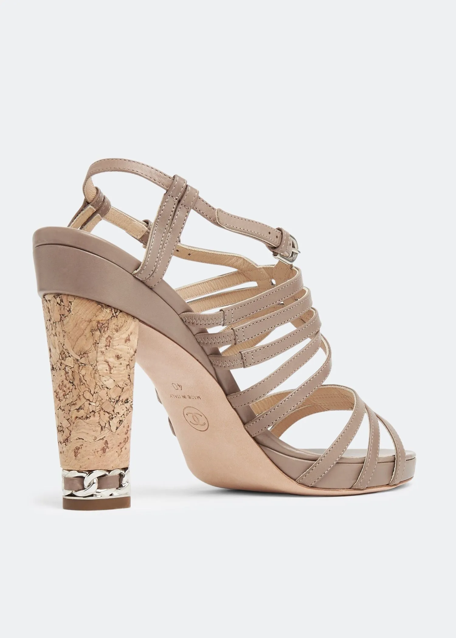 Chanel Chain Embellished Cork Heel Strappy Sandals in Beige Leather