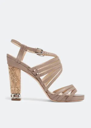 Chanel Chain Embellished Cork Heel Strappy Sandals in Beige Leather