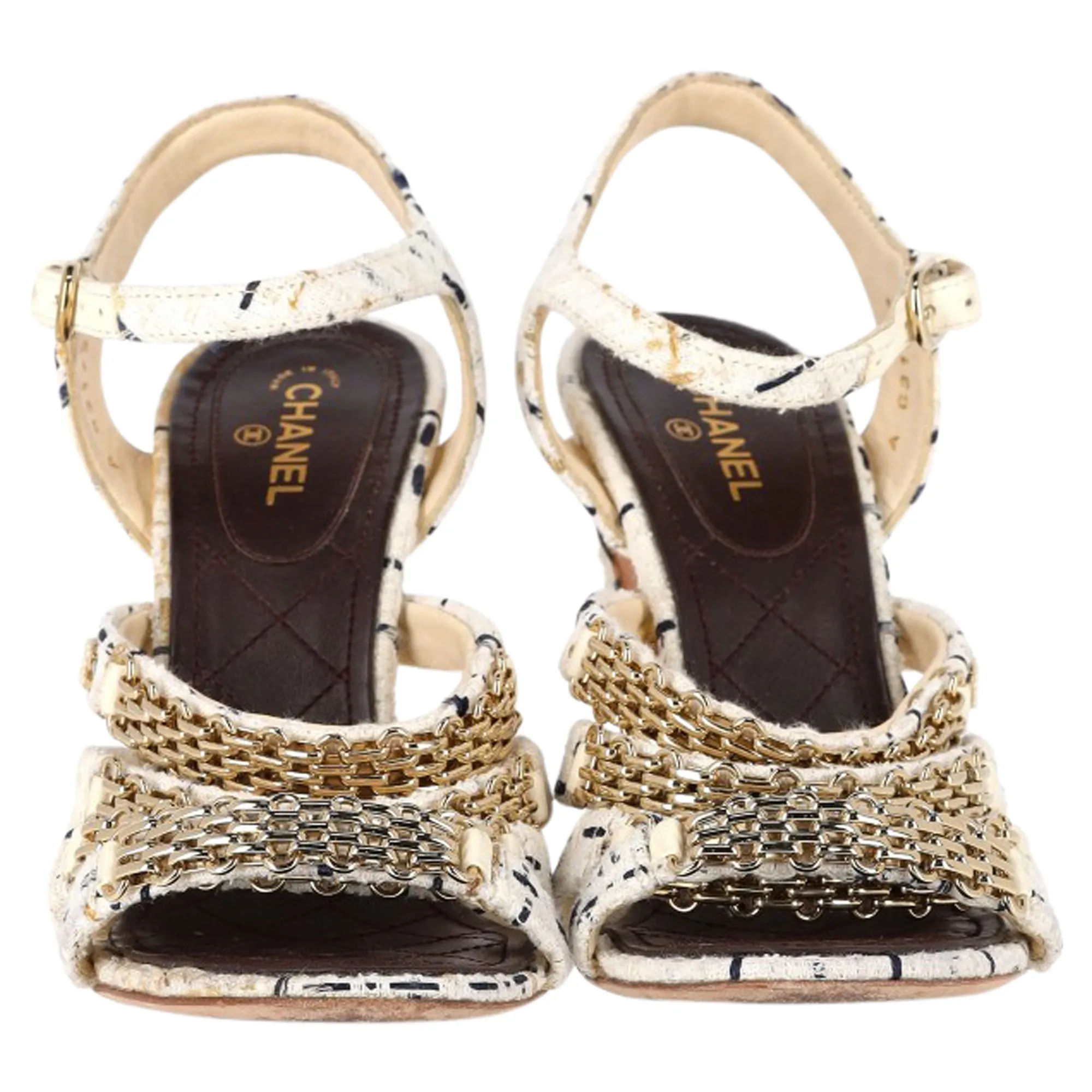 Chanel Chain Strap High Heel Sandals in White Tweed