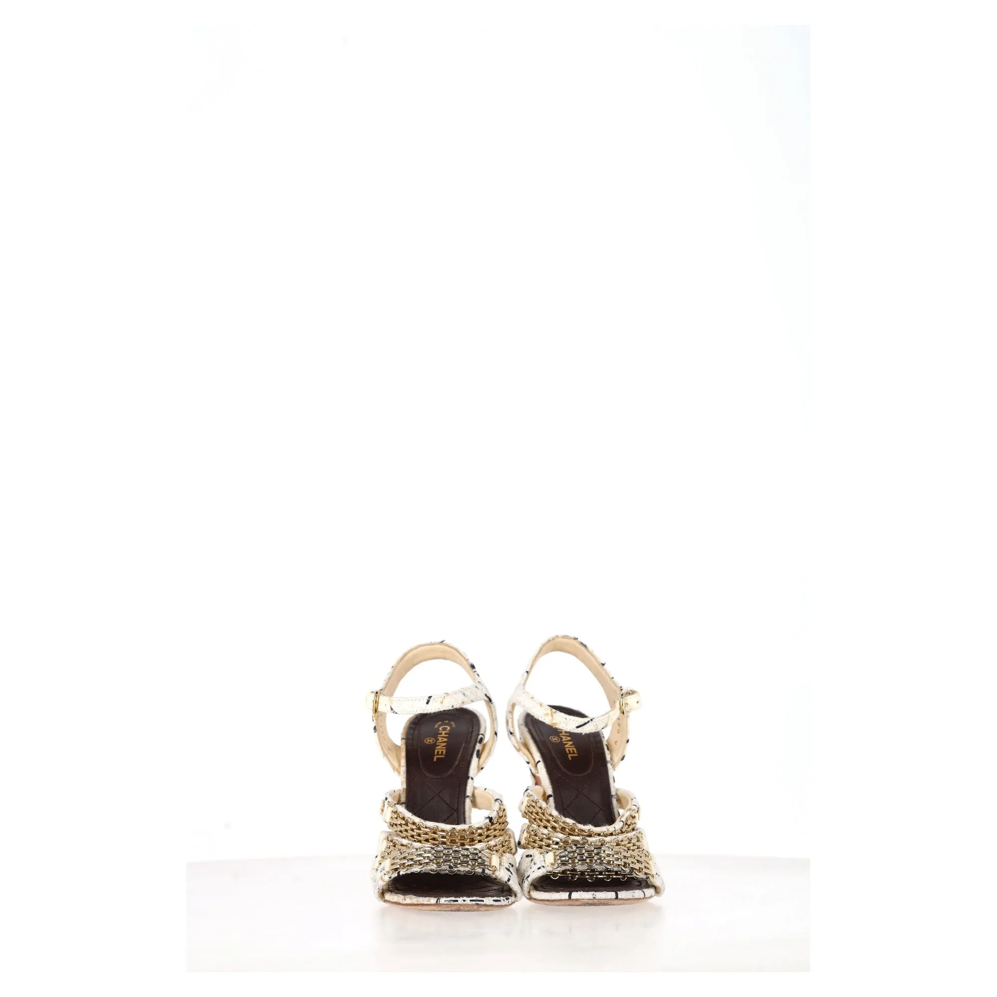Chanel Chain Strap High Heel Sandals in White Tweed