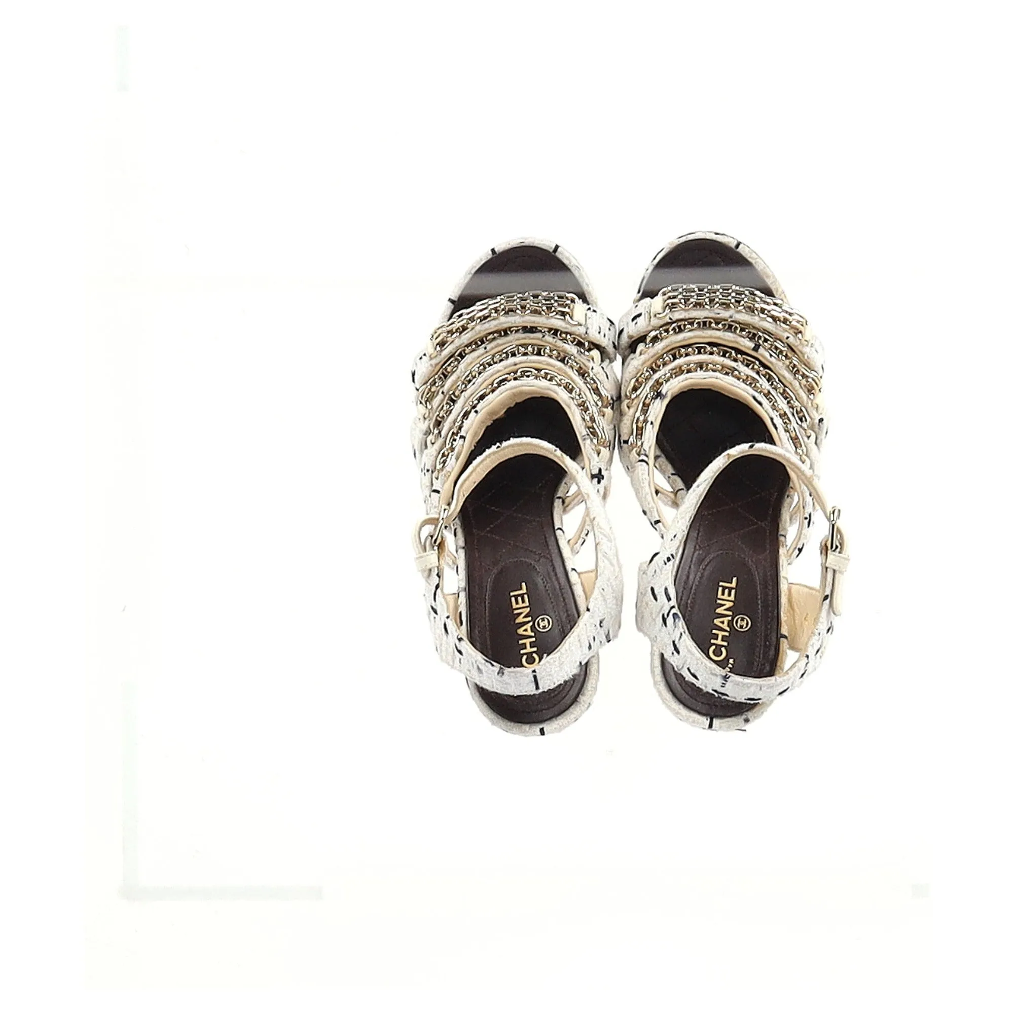 Chanel Chain Strap High Heel Sandals in White Tweed