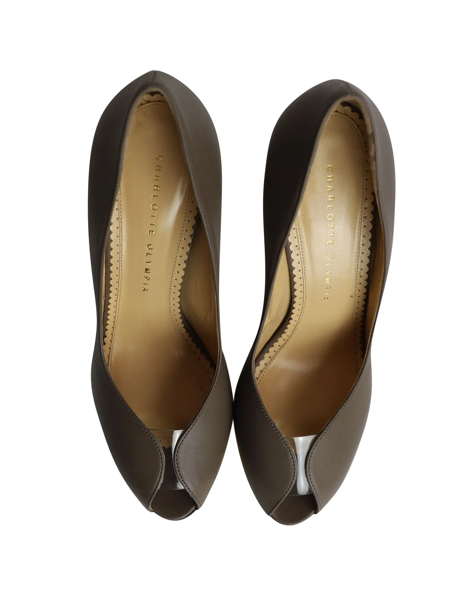 Charlotte Olympia Peep-Toe Platform Pumps in Grey Leather
