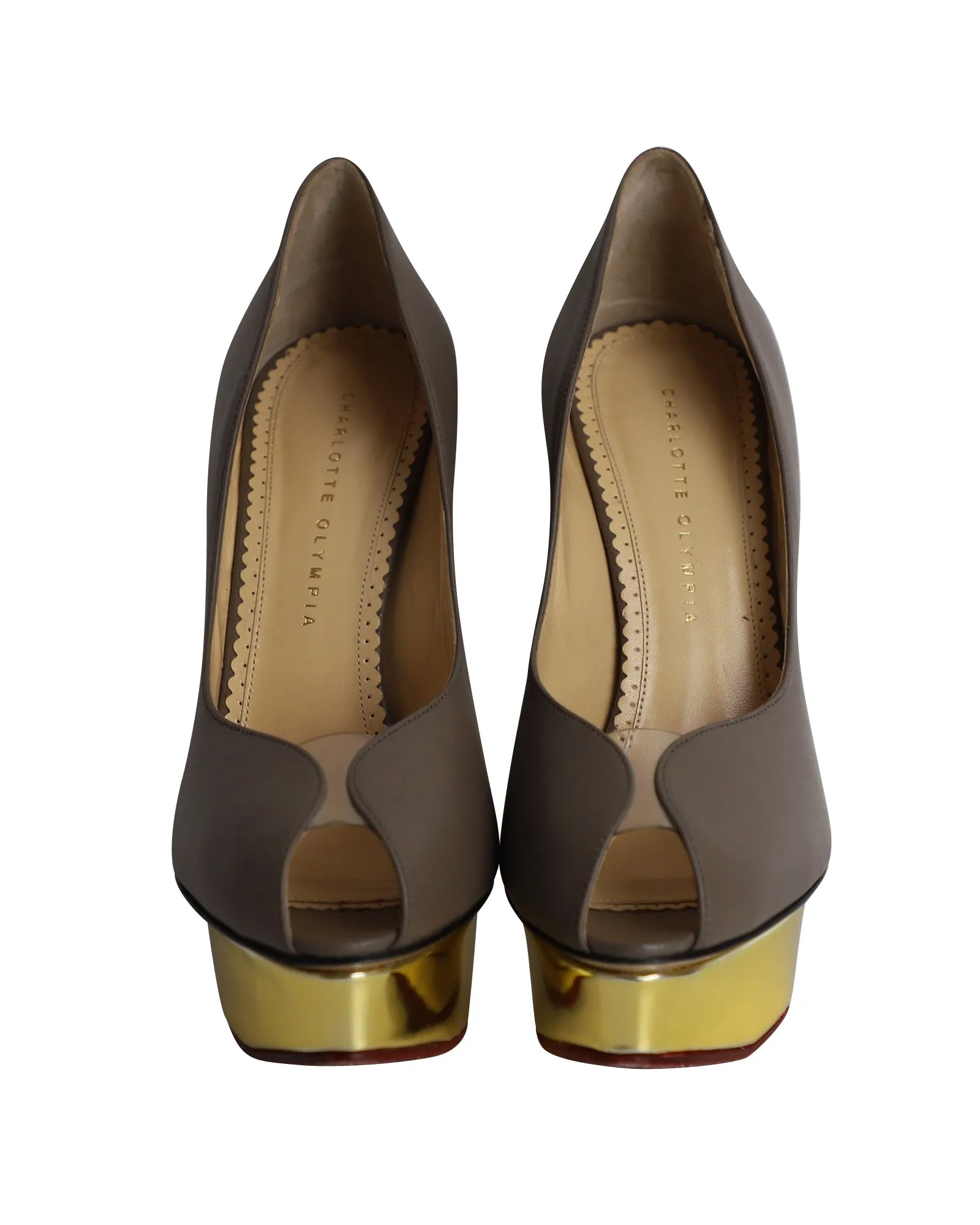 Charlotte Olympia Peep-Toe Platform Pumps in Grey Leather