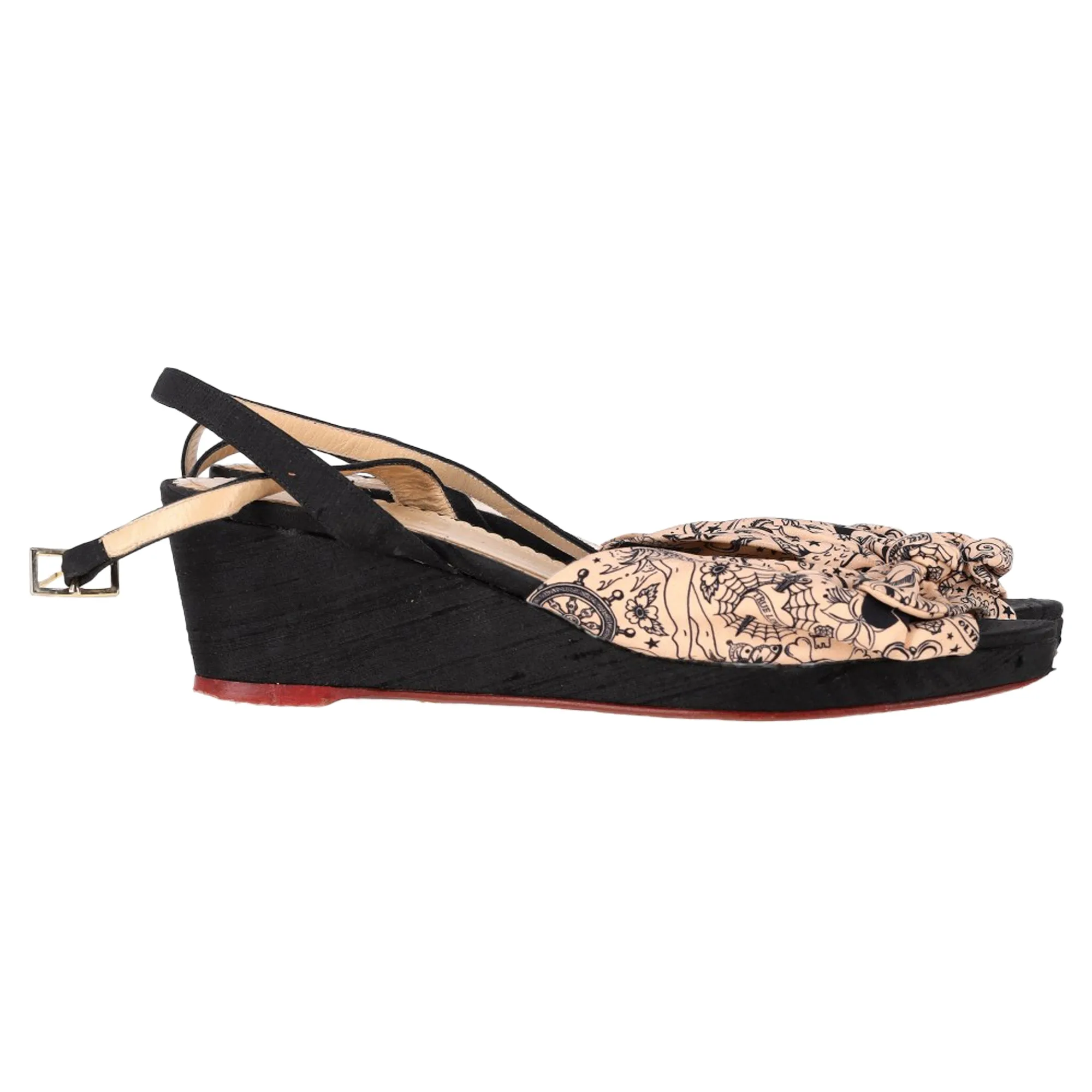Charlotte Olympia Printed Bow Wedge Sandals in Peach Satin
