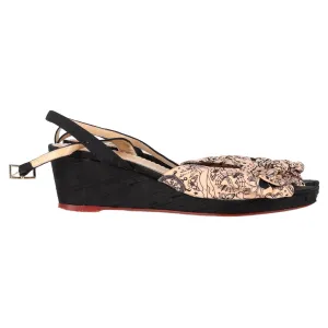 Charlotte Olympia Printed Bow Wedge Sandals in Peach Satin