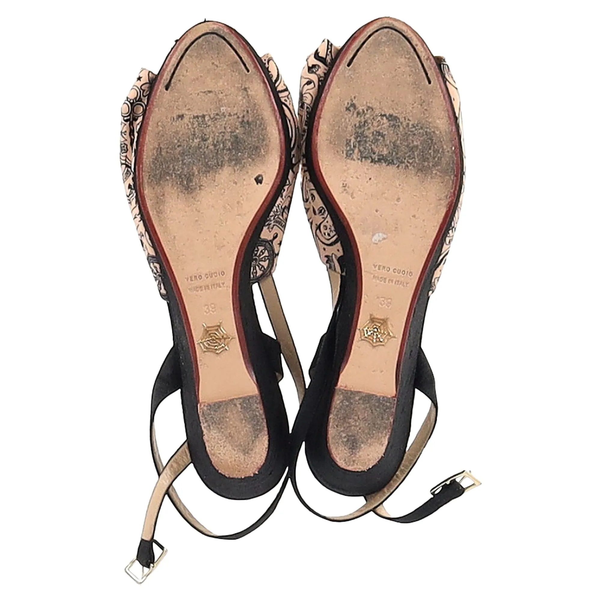Charlotte Olympia Printed Bow Wedge Sandals in Peach Satin