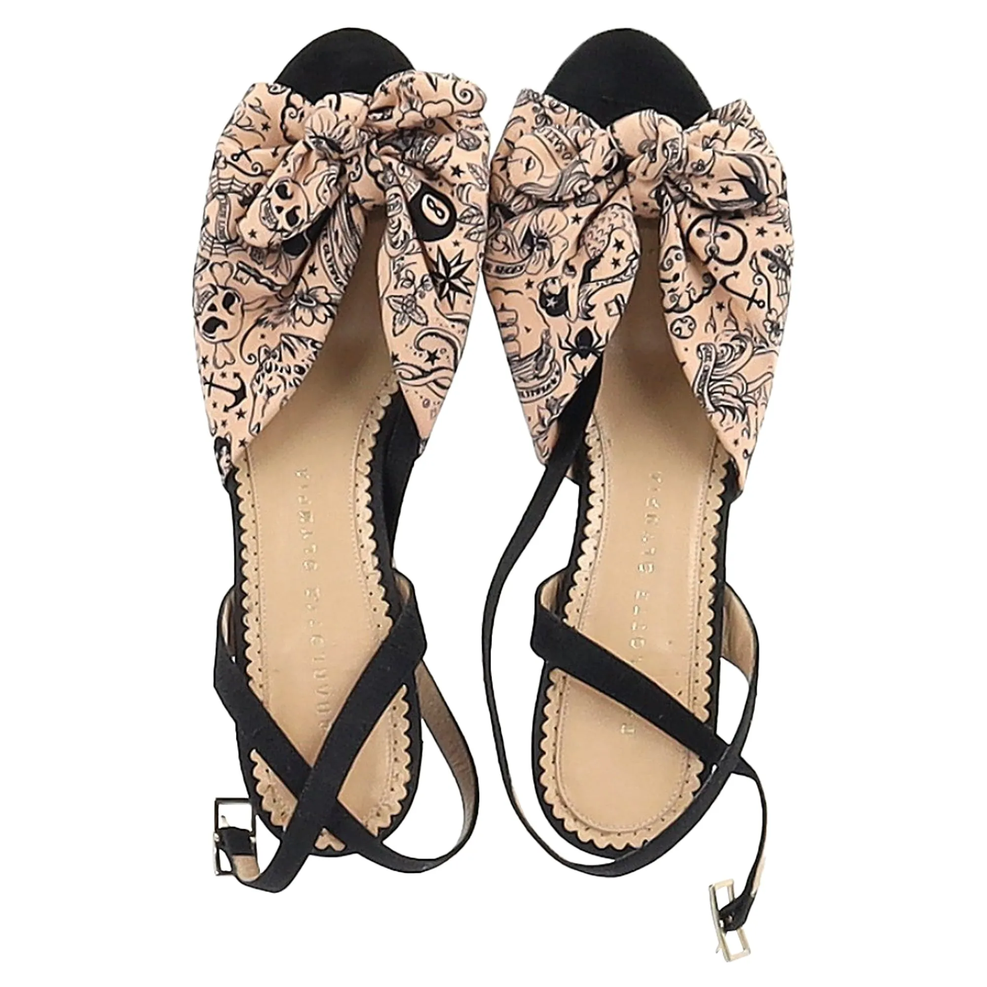 Charlotte Olympia Printed Bow Wedge Sandals in Peach Satin