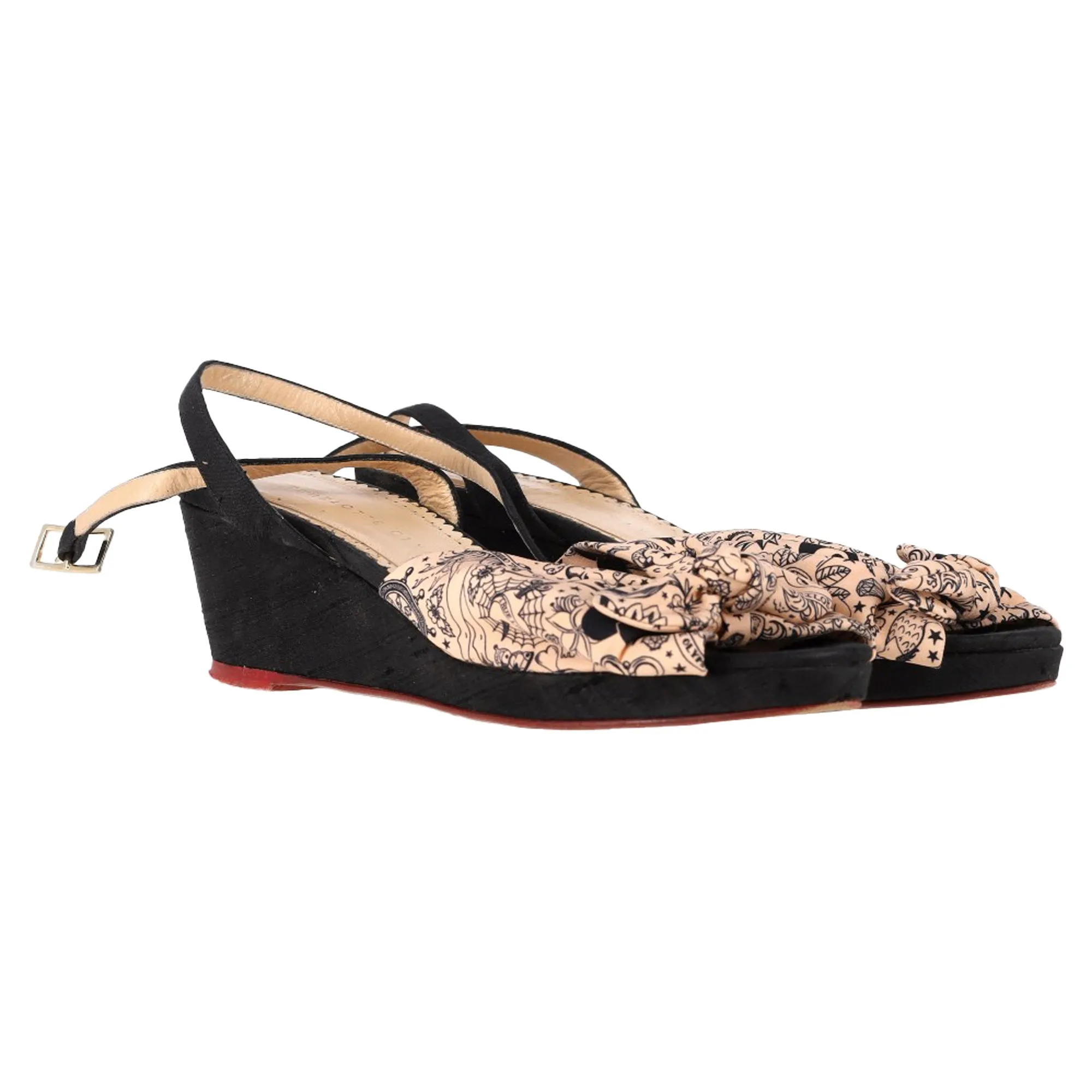 Charlotte Olympia Printed Bow Wedge Sandals in Peach Satin