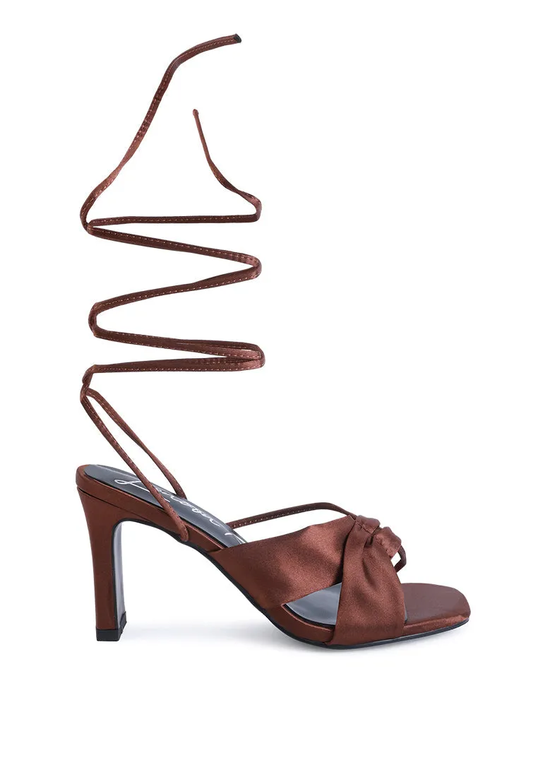 chasm ruched satin tie up block heeled sandals
