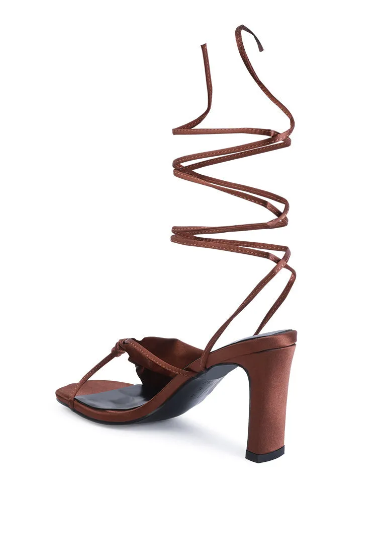 chasm ruched satin tie up block heeled sandals