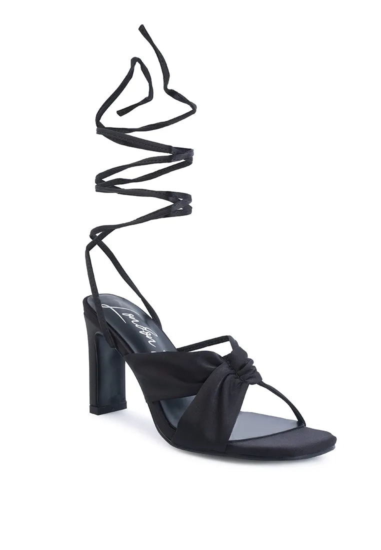 chasm ruched satin tie up block heeled sandals