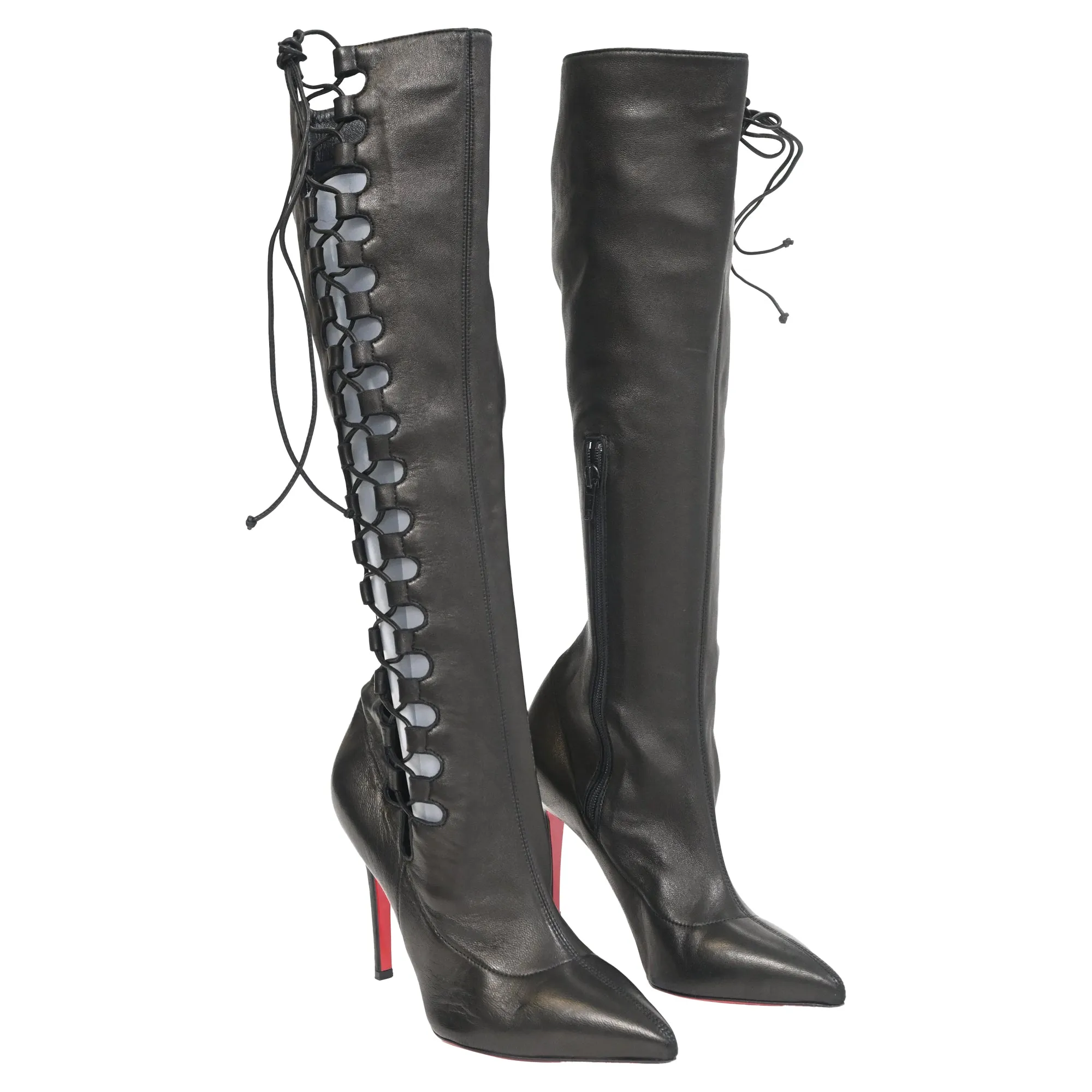 Christian Louboutin Goulue Lace Up Knee Boots in Black Leather