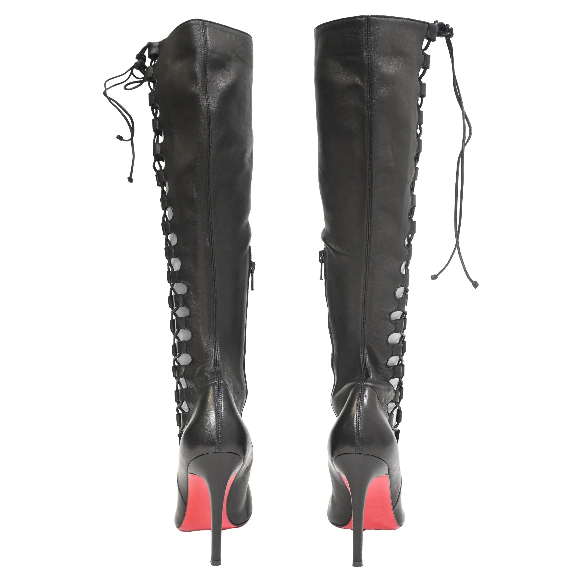 Christian Louboutin Goulue Lace Up Knee Boots in Black Leather