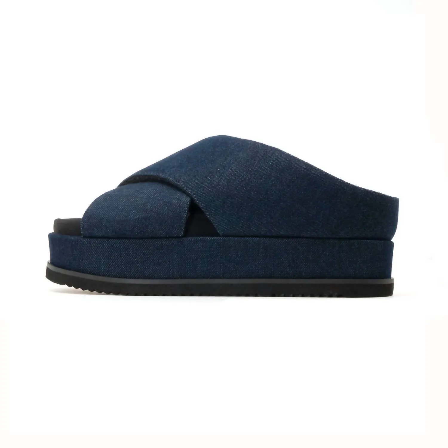 Denim Cross Stack Platform Sandals In Dark Denim