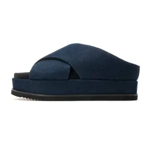 Denim Cross Stack Platform Sandals In Dark Denim