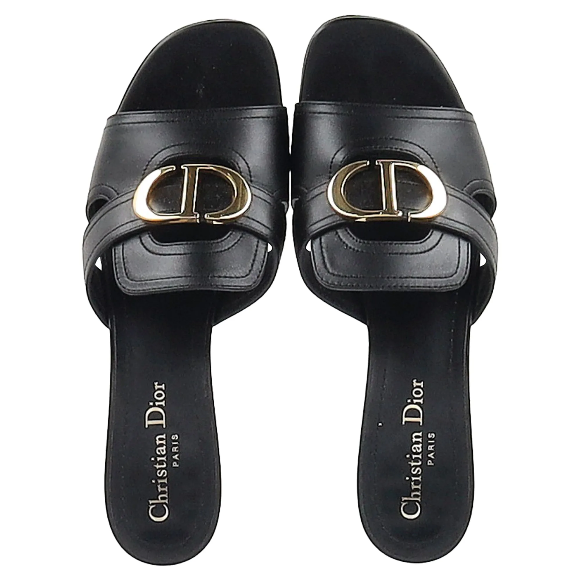 Dior 30 Montaigne Slide Block Heel Sandals in Black Leather