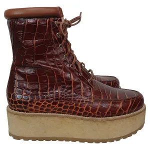 Gabriela Hearst David Cogna Embossed Platform Lace Up Boots in Brown Leather