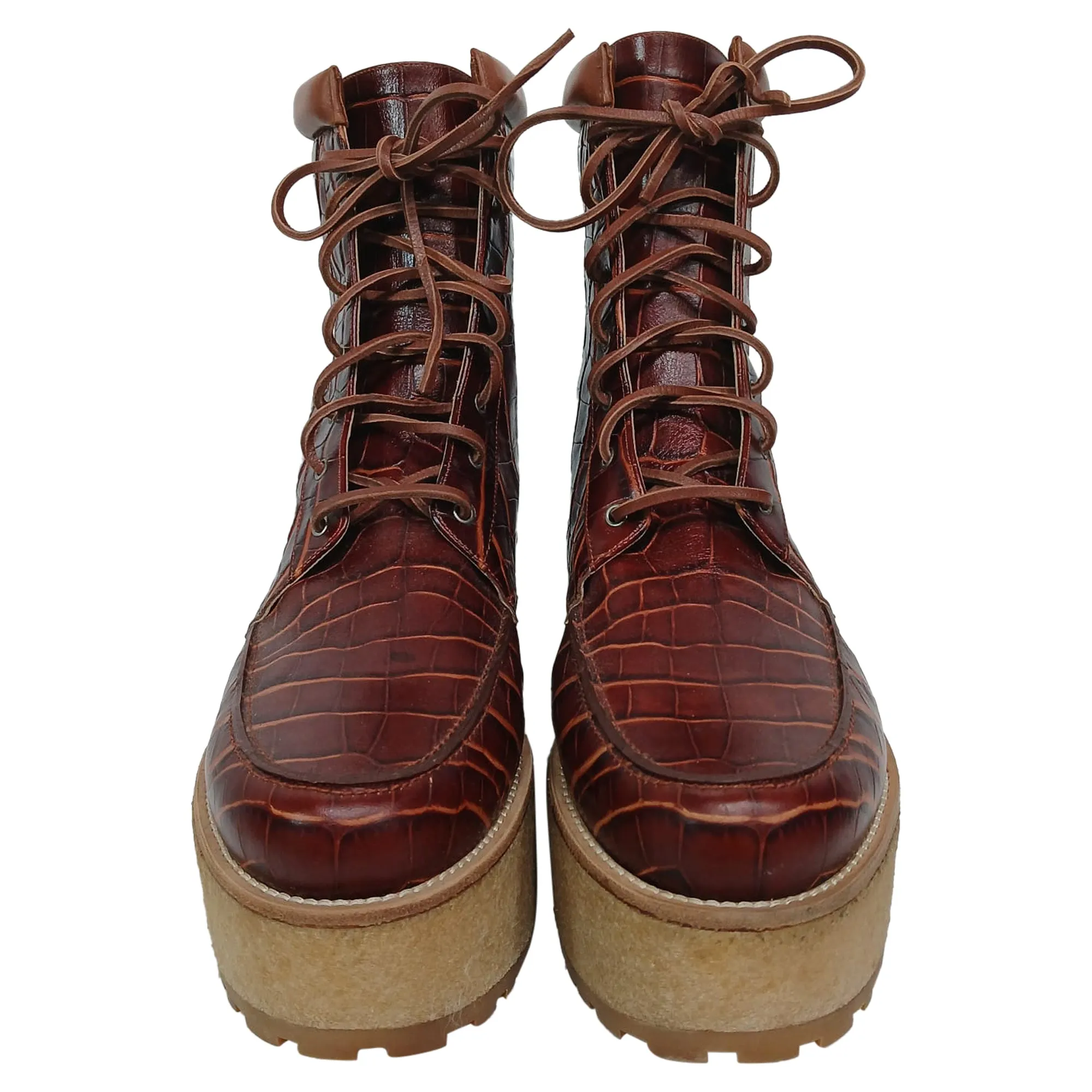 Gabriela Hearst David Cogna Embossed Platform Lace Up Boots in Brown Leather