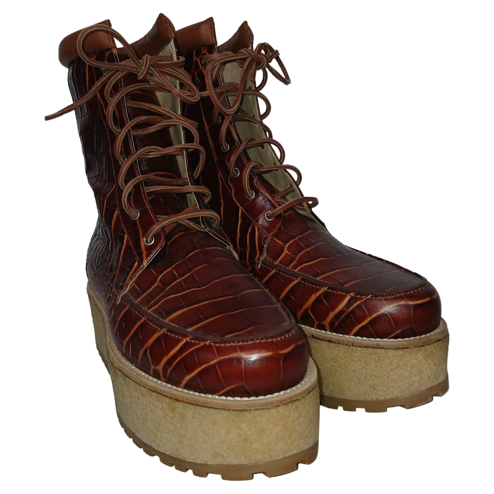 Gabriela Hearst David Cogna Embossed Platform Lace Up Boots in Brown Leather