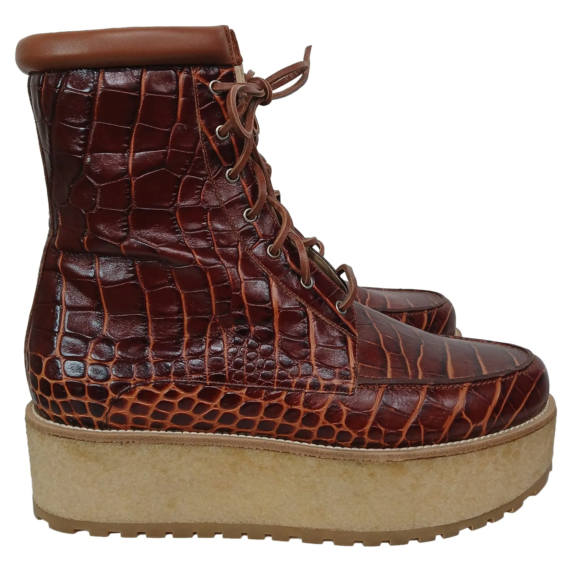 Gabriela Hearst David Cogna Embossed Platform Lace Up Boots in Brown Leather