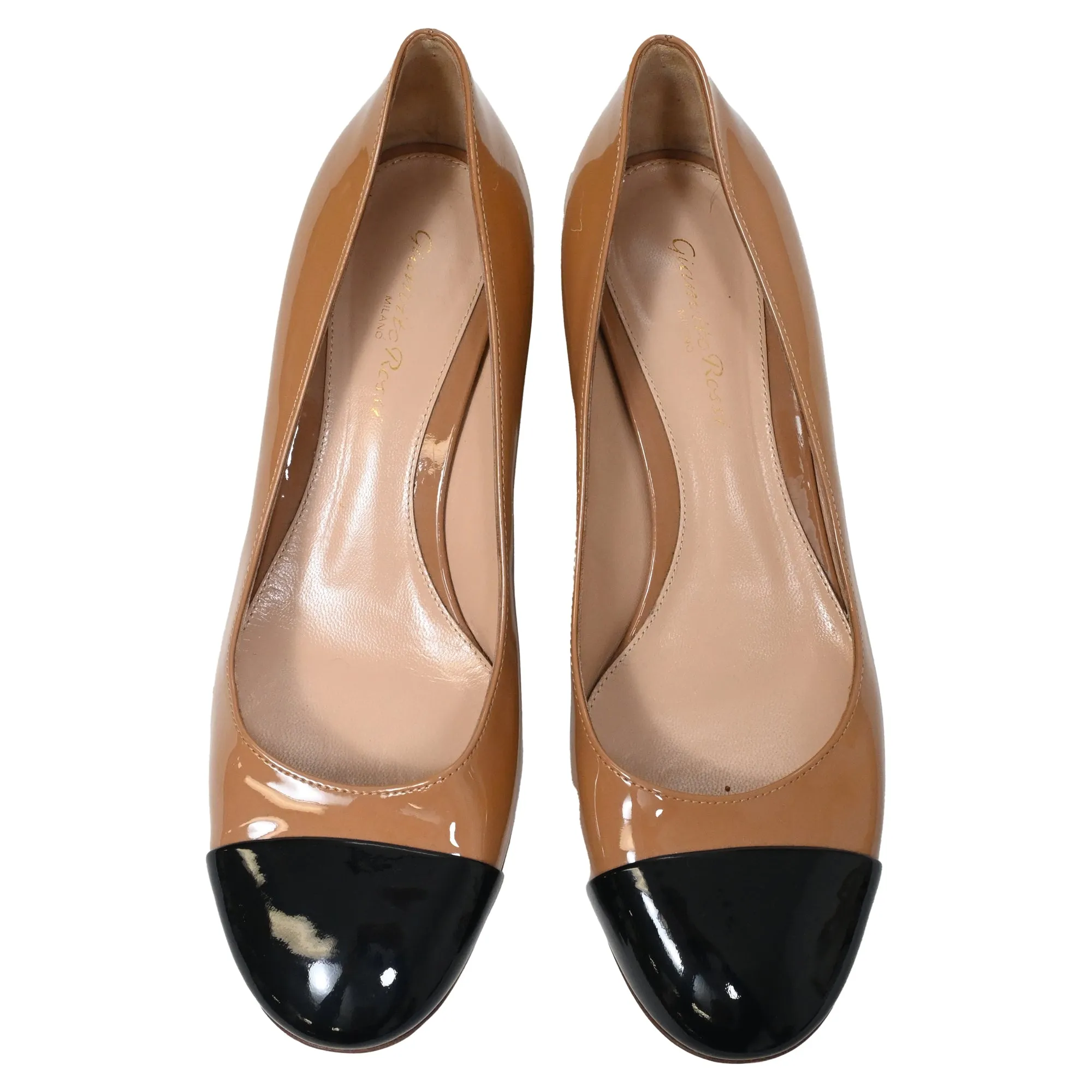Gianvito Rossi Cap Toe Pumps in Brown and Black Patent Leather