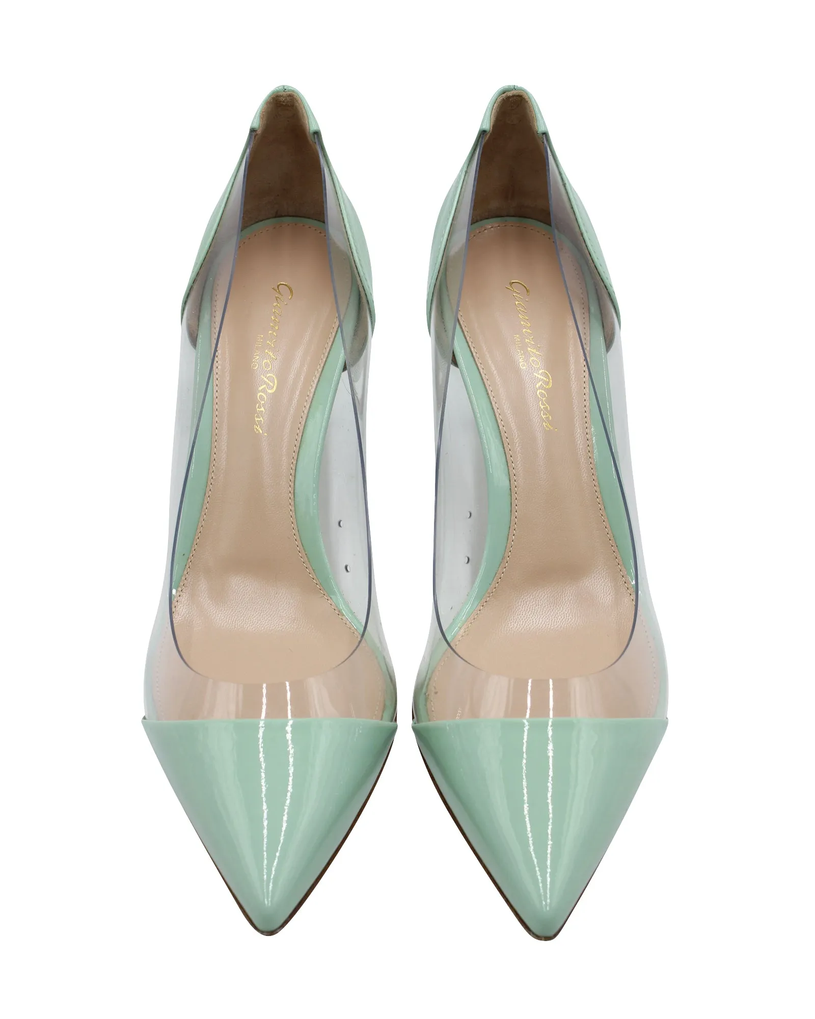 Gianvito Rossi PVC Point Toe Pumps in Mint Green Patent Leather