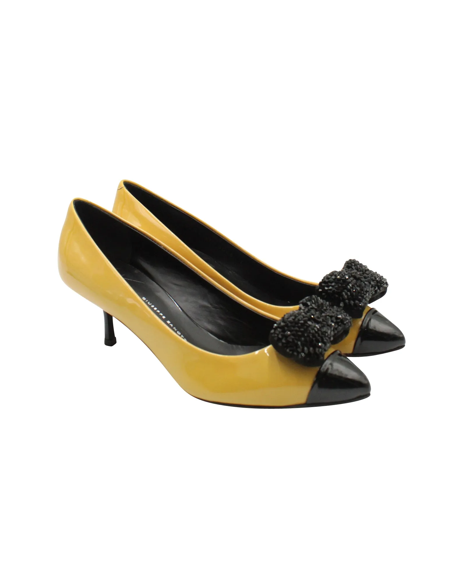 Giuseppe Zanotti Embellished Bow Pumps in Yellow Patent Leather