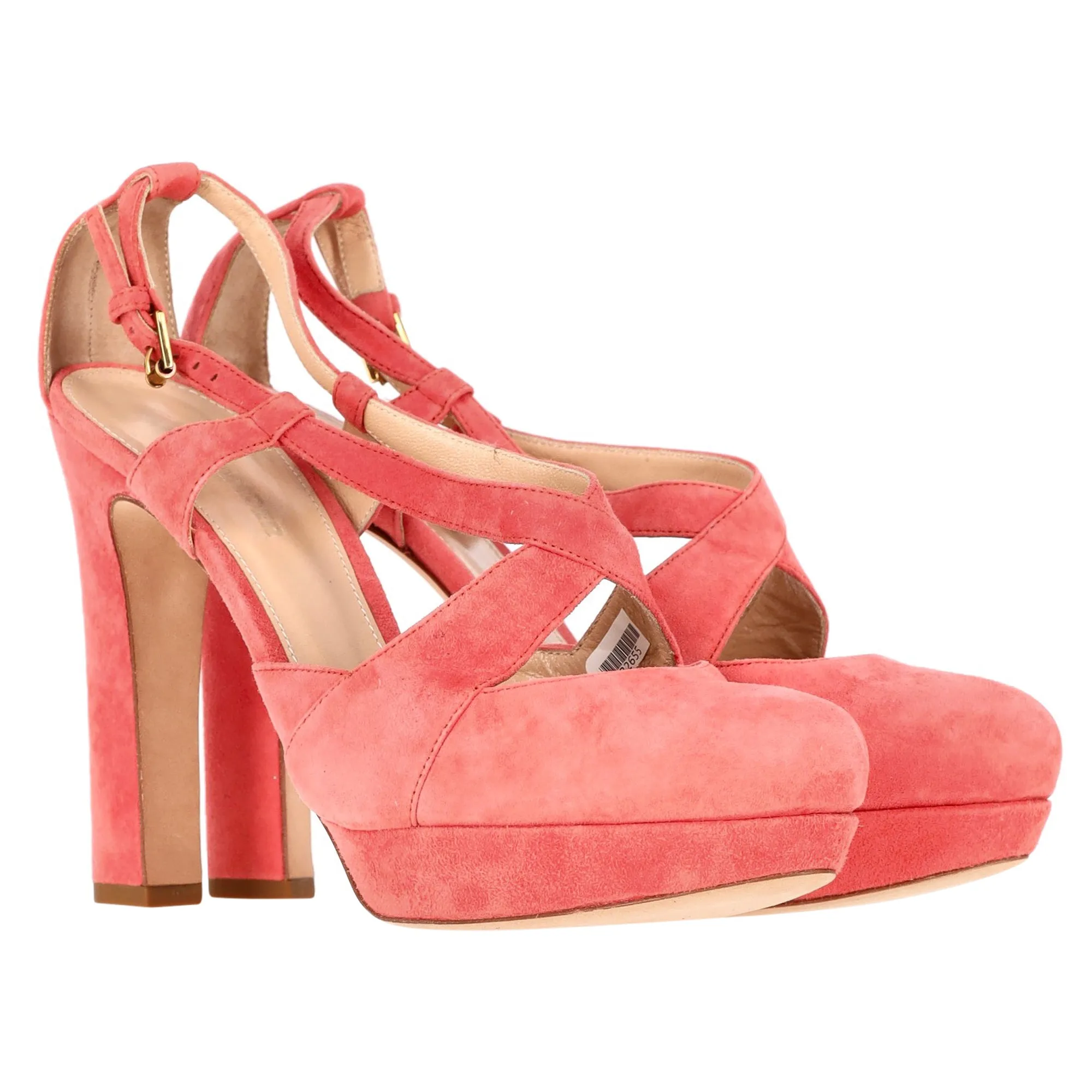 Jil Sander Cross Strap Chunky Heel Platform Pumps in Coral Suede